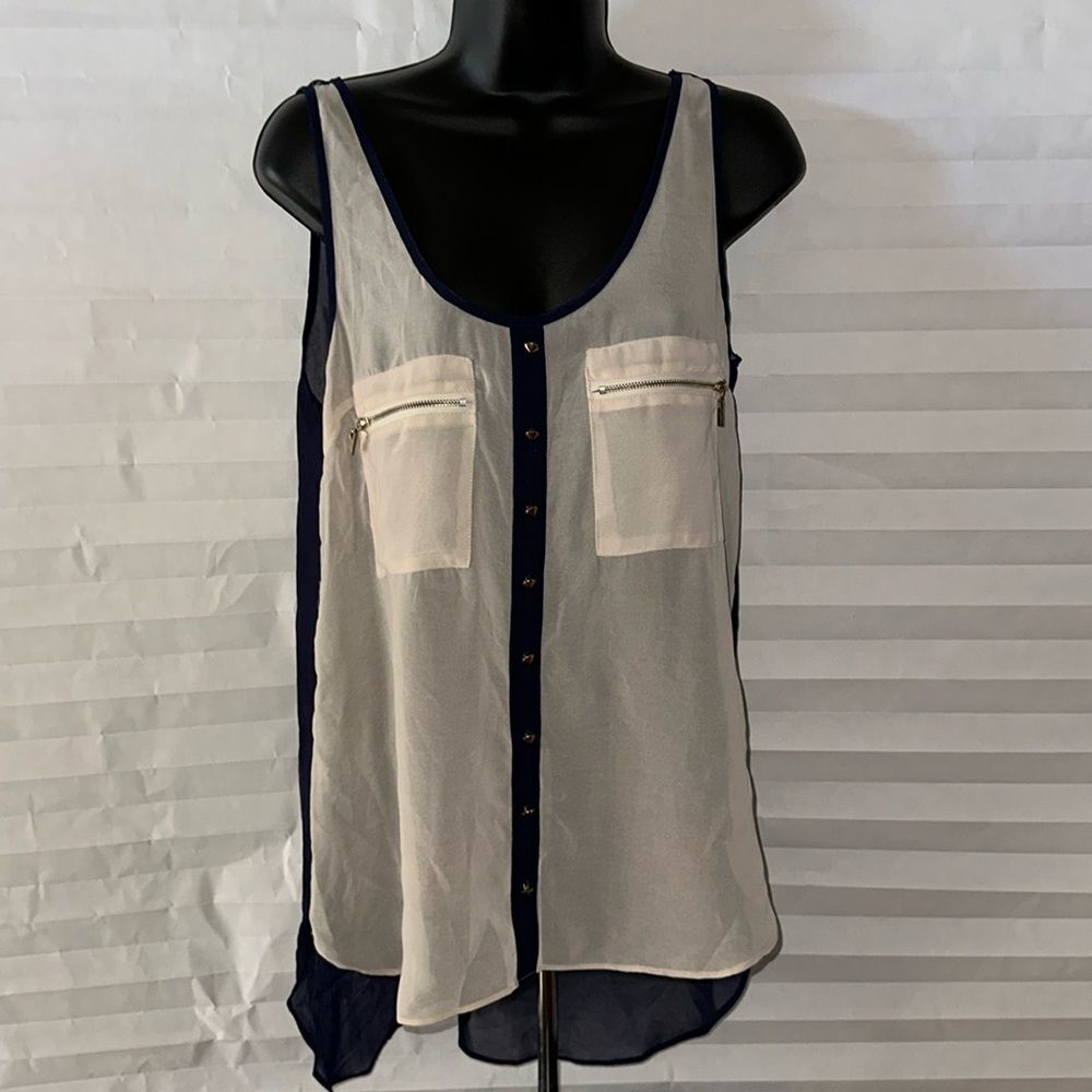 Double Zero Sheer Open Back Tank Top – Sleeveless – Dark Blue & White Small